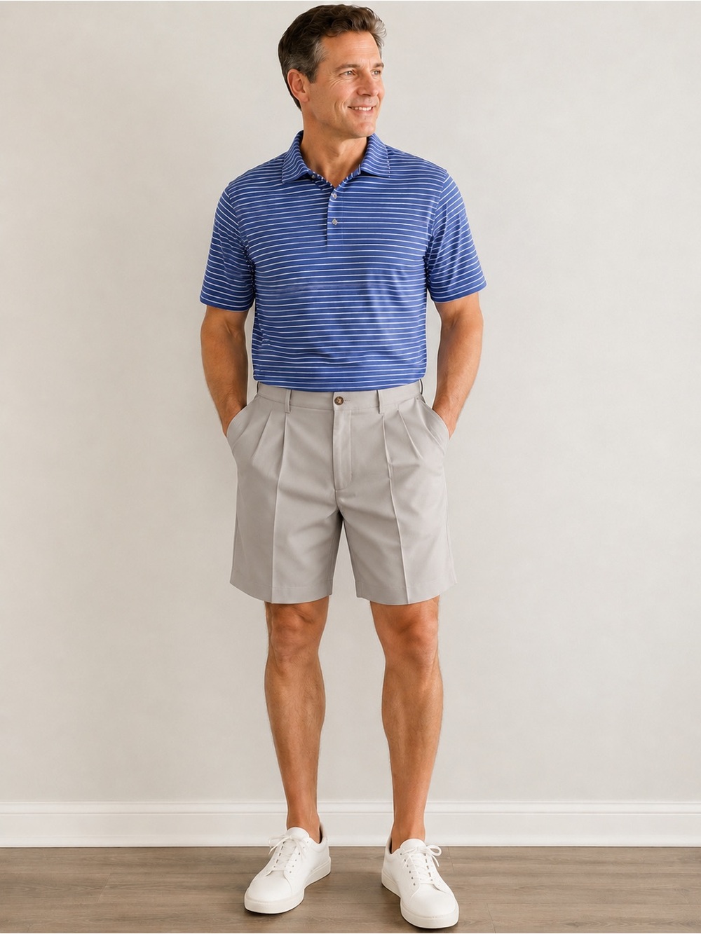 Norm Thompson Pleated Golf Shorts 35 Adjustable Waist Microfiber Khaki 100% USA